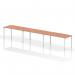 In the picture, a dynamic bench desk is shown with a white frame and beech top. It is a single row and can fit up to 3 people, perfect for a modern office setting. The desk is sleek and modern, providing ample space for a productive work environment.