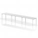 This modern and sleek bench desk features a white frame and can accommodate up to 3 people in a single row. The dynamic design is perfect for any office space, providing both functionality and style.