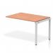 A modern and sleek office bench desk with a silver frame and a beech wood top. The single row extension adds a dynamic touch, perfect for a collaborative work environment.