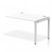This image showcases a sleek and modern Dynamic Bench Desking Impulse Bench Single Row Ext Kit with a silver frame and a pure white office bench desk. Its clean lines and contemporary design provide a professional and efficient workspace for any office.