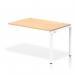 This photo features a sleek and modern bench desk with a white frame and maple surface. The single row extension kit adds flexibility to the dynamic desking system, allowing employees to collaborate and work comfortably.