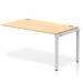 The photo features a sleek and modern Dynamic Bench Desking Impulse Bench, displaying its single row extension kit with a silver frame. The office bench desk boasts a stylish maple finish and is perfect for collaborative work spaces.