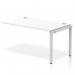 The image shows a sleek and modern dynamic bench desking set-up, featuring a single row of impulse benches with a 1400mm width and a silver frame. The office bench desk, in a crisp white color, is complemented by the extension kit, creating a functional workspace for employees.