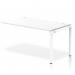 The photo captures a sleek and modern office setup with a row of single bench desks in the foreground, featuring a beautiful white frame and a spacious 1400mm width. The dynamic bench desking creates an open and collaborative work environment, perfect for any office setting.