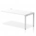 This photograph showcases a sleek, modern office space with a single row of dynamic bench desking. The silver frame of the bench is paired with a white desk, creating a clean and professional look. Ideal for collaborative work environments.