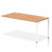 The photo shows a sleek and modern dynamic bench desk with white frame and a single row of 1600 oak workstations. The desks are connected seamlessly and provide plenty of space for an organized and efficient office environment.