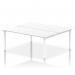 The image shows a sleek, modern bench desk designed for two people. The desk features a 1800 white frame and a white surface for a clean, minimalist look. Its dynamic design makes it perfect for use in a busy office setting.
