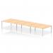 Six-person silver-framed bench desking with a modern and dynamic design. The maple surface adds a touch of warmth, while the open layout promotes collaboration and flexibility. Perfect for any busy office environment.