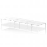 This image shows a modern and practical bench desking system, specifically the Impulse Bench B2B 6 Person 1800 with a white frame. The sleek white desk tops offer ample workspace for colleagues to collaborate and the dynamic design allows for easy reconfigurations.