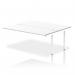 This photo features a spacious, sleek white frame office bench desk with dynamic bench desk add-on units and an impulse bench B2B extension kit attached. The clean design and versatile layout make it a perfect fit for any modern workspace.