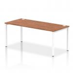 This photo captures a sleek and modern bench desk with a white frame and a rich walnut top. The single row design creates a dynamic and functional workspace, perfect for any office setting.