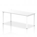 This photograph features a sleek and modern Dynamic Bench Desking Impulse Bench in a single row. With a white frame and white office bench desk, this setup exudes a professional and clean aesthetic. Perfect for any contemporary office space.