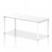 This photograph features a sleek and modern Dynamic Bench Desking Impulse Bench in a single row. With a white frame and white office bench desk, this setup exudes a professional and clean aesthetic. Perfect for any contemporary office space.