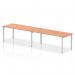 This picture features a dynamic bench desking setup, with a sleek silver frame that supports a row of two person bench desks. The tops are a beech color, creating a warm, inviting feel in the office space. This versatile design promotes collaboration and efficiency.