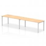 The image showcases a modern and versatile work space with a dynamic bench desking system. The Impulse Bench has a sleek silver frame and is designed for 2 people in a single row. The desk itself is 1800 in size and features a maple finish. Perfect for any office setting.