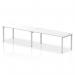 The picture shows a sleek and modern single row bench desk with a silver frame and white desktop. It can comfortably accommodate two people and is perfect for creating a dynamic and efficient workspace in any office. It is the perfect combination of style and functionality.