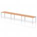 The dynamic bench desking features a sleek silver frame and a row of comfortable oak benches that can accommodate up to three people. Perfect for any modern office setting, this desk promotes collaboration and productivity.