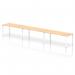 This picture shows a sleek and modern bench desk with a white frame and single row design. The desk has room for three people and is finished with a stylish maple top. It is part of the Dynamic Bench Desking Impulse collection.