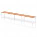 The dynamic bench desking impulse bench single row features a white frame and oak office bench desk. It can accommodate 3 people and has a length of 1800. The modern design creates a sleek and efficient workspace that promotes collaboration and productivity.