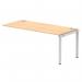 The image shows a sleek, modern bench desk with a silver frame and a maple top. The desk is designed for a single row of users, with a flexible and dynamic layout. It is perfect for a modern and collaborative office setting.