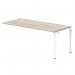 The dynamic bench desking impulse bench in single row extension kit features a white frame and grey oak office desk with a length of 1800. Ideal for modern workspaces, this sleek and versatile bench desk provides ample space for productivity.