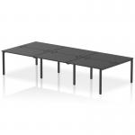 The Dynamic Bench Desking Impulse Bench B2B 6 Person has a sleek and modern design, featuring a long black frame and six individual desk spaces. The desks are equipped with ample storage and workspace, making it a versatile option for any office setting. With its stylish appearance and functional design, this bench desk is sure to enhance any workspace with its practicality and aesthetics.