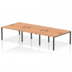 The image shows a sleek, modern office workspace with a dynamic bench desk. It features a black frame and oak top, with enough space to comfortably accommodate six people. The design is ideal for a professional and collaborative working environment.