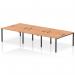 The image shows a sleek, modern office workspace with a dynamic bench desk. It features a black frame and oak top, with enough space to comfortably accommodate six people. The design is ideal for a professional and collaborative working environment.