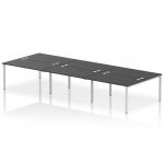 A sleek and modern office workspace with a silver frame and black desk surface, designed to accommodate up to 6 people. The dynamic bench desking set up offers versatility and keeps a clean and professional aesthetic.