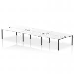 This photo shows a sleek and modern Dynamic Bench Desking Impulse Bench B2B that comfortably seats 6 people. The black frame contrasts beautifully with the white office bench desk, creating a professional and dynamic workspace.