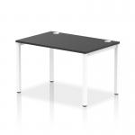 The photograph shows a modern dynamic bench desk with a single row of seats. The desk has a 1200mm length, white frame, and a sleek black finish. It is designed for office use and offers a stylish and functional workspace.