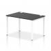 The photograph shows a modern dynamic bench desk with a single row of seats. The desk has a 1200mm length, white frame, and a sleek black finish. It is designed for office use and offers a stylish and functional workspace.