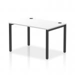 This photo features a sleek and modern bench desk with a black frame, designed for a single row. The white surface offers plenty of space for working and organizing, making it a perfect addition to any office space.