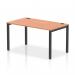 This picture showcases a sleek and modern dynamic bench desking system with a single row of benches. The black frame adds a touch of sophistication to the overall design, while the office bench desk features a beautiful beech finish. Truly a stunning and functional addition to any workspace.