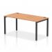 This image showcases a sleek and modern dynamic bench desk designed for office spaces. The black frame and oak surface create a bold and professional look, while the single row layout allows for efficient use of space. Perfect for collaborative work environments.