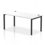 The photo shows a dynamic bench desk with a single row design, featuring a sleek black frame and a 1600mm width. The office bench desk is finished in white and has an impulse style, giving it a modern and stylish look.