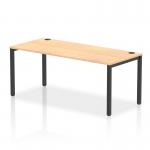 The picture shows a sleek and modern dynamic bench desking setup. The Impulse bench single row with a black frame and maple office bench desk adds a touch of sophistication to any workspace. The versatility of this setup allows for efficient use of space while promoting collaboration and productivity.