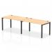 This picture features a dynamic bench desking setup with a single row and 2 person capacity. The sleek black frame complements the warm maple desk surface, creating a modern and stylish office space.