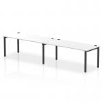 The Dynamic Bench Desking Impulse Bench Single Row 2 Person 1800 Black Frame Office Bench Desk White IB00662 is a modern and sleek office desk set-up. The black frame adds a touch of sophistication, while the white desk surface offers a clean and minimalist look. This bench desk is designed for two individuals to work side by side, promoting collaboration and productivity in the workplace.