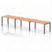 This picture shows a sleek and modern Dynamic Bench Desking Impulse Bench. It features a single row, accommodating 3 people. The black frame contrasts the rich beech color of the desk, creating a stylish and functional piece for any office setting.