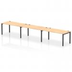 The picture features a sleek black frame bench desk with a maple top, designed for a single row of 3 people. The dynamic design of the desk allows for optimal functionality and productivity in any office space.