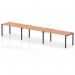 The image shows a sleek and stylish single row bench desk featuring three workstations. The desk has a black frame and is made of oak wood, exuding a modern and dynamic vibe. It is perfect for office environments and offers a spacious and efficient working space.