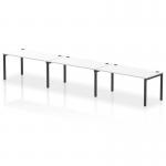 This photo shows a dynamic bench desk, with a black frame and white finish. It features a single row design, with seating for three people. It is part of the Impulse Bench series and is 1600 in size.