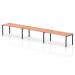 This image shows a sleek and modern Impulse bench desk with a single row of seating for three people. The bench has a black frame and is made of beech wood, giving it a sophisticated look. The dynamic design of the desk is perfect for any modern office space.