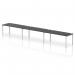 This photo showcases a sleek and modern Impulse Bench Single Row with a 1800 silver frame and a black office bench desk. The dynamic design creates a functional and stylish workspace for 3 people, perfect for any modern office setting.