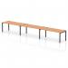 This image showcases a sleek and modern 3-person bench desk from the Dynamic Bench Desking Impulse collection. With a sturdy black frame and a stylish oak finish on the desktop, this bench adds a touch of sophistication to any office space.