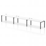 This photo captures a modern and sleek dynamic bench desking set up, with a single row featuring three workstations. The black frame and white desk create a minimalist yet professional look, perfect for any office space.