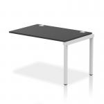A sleek and modern office bench desk, with a 1200 silver frame and black add on units, designed for maximum adaptability and functionality.