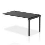 The image shows a sleek and modern single row of Dynamic Bench desk add on units, with a black frame and black impulse bench desk. The 1400 size is ideal for an office setup.
