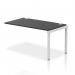 The photo shows a sleek and modern dynamic bench desk, with add-on units and an impulse bench single row extension kit. It features a silver frame and a black office bench desk, creating a visually striking and functional workspace.